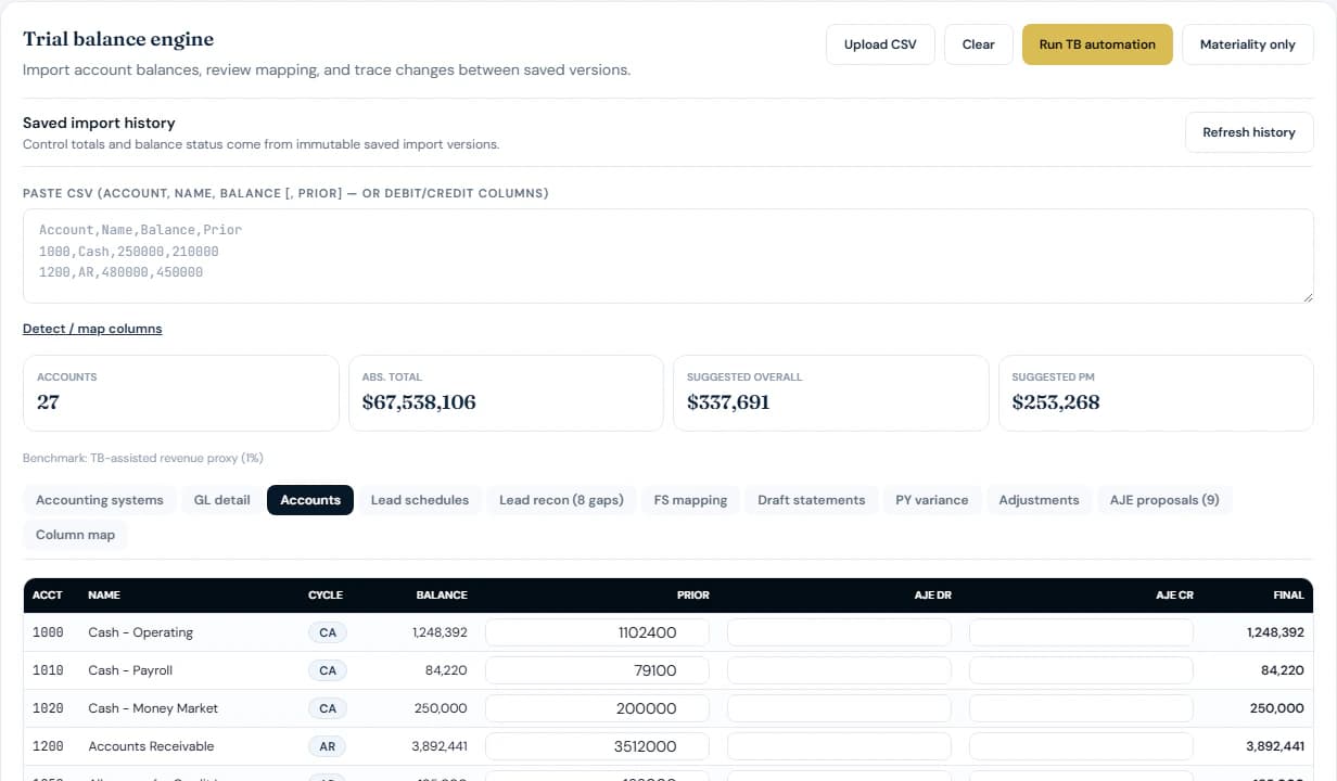 Summit Ridge trial balance showing a balanced saved import, current and prior balances, cycle mappings, adjustment columns, and final balances