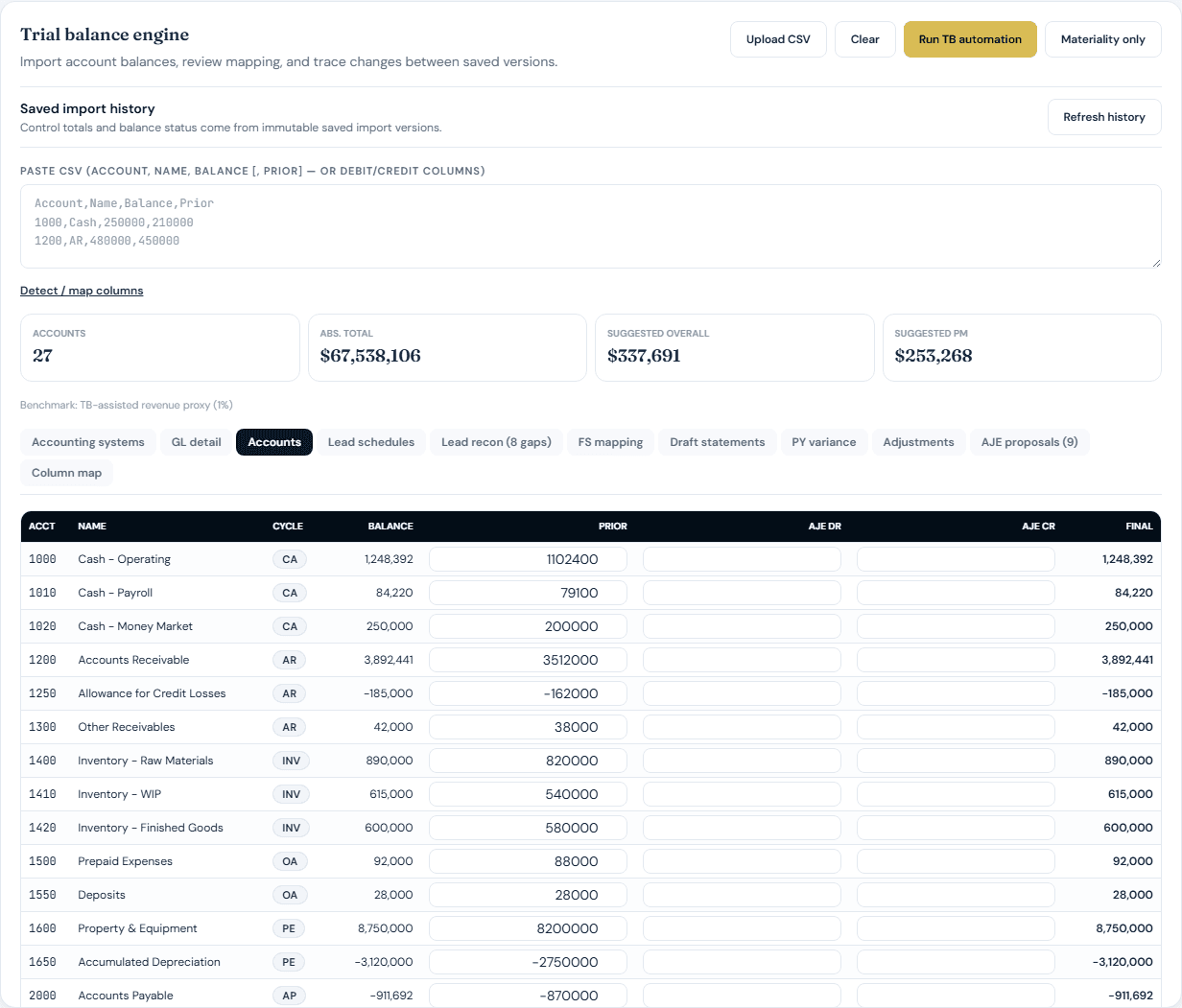 Trial balance in the Summit Ridge sample engagement