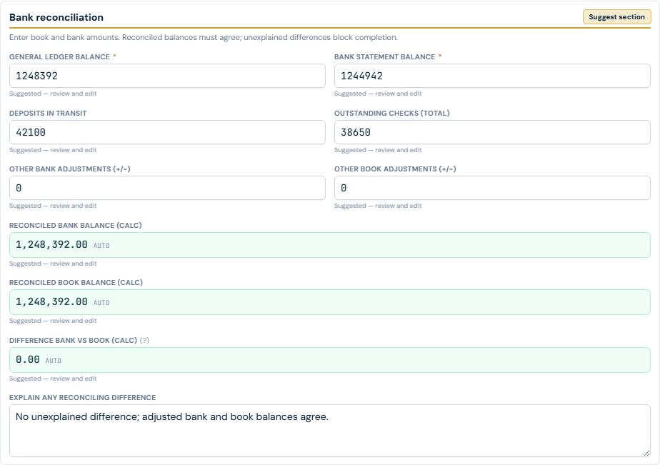Live reconciliation worksheet in the Summit Ridge sample engagement
